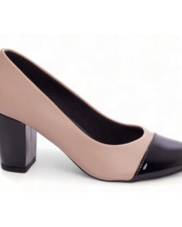 Sapato Scarpin Boneca Bico Redondo Nude e Preto